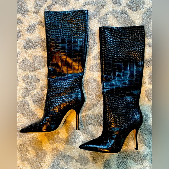 Larroude Black Croc-Embossed Heeled Boots - Picture 1 of 6